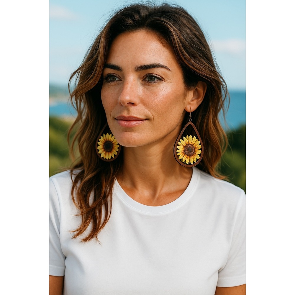 Sunflower Wooden Earrings Teardrop Dangle Earring Jewelry Gift for Her‎